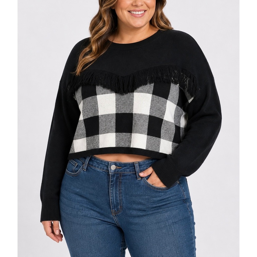 Bar III Table Sweater Womens XXL Black White Buffalo Plaid Fringe NWT Western